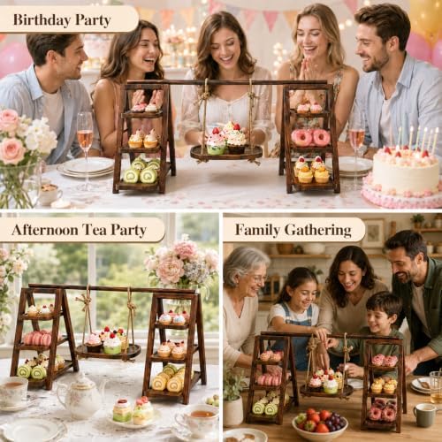 Wooden 3 Tier Swing Cupcake Stand, Dessert Display Extra-Wide for Party in Brown, alternate view 6