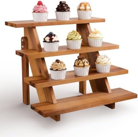 Wooden 4-Tier Cupcake Display Stand, Easy Assembly, Non-Skid Pads in Acacia brown