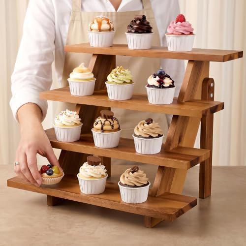Wooden 4-Tier Cupcake Display Stand, Easy Assembly, Non-Skid Pads in Acacia brown, alternate view 2