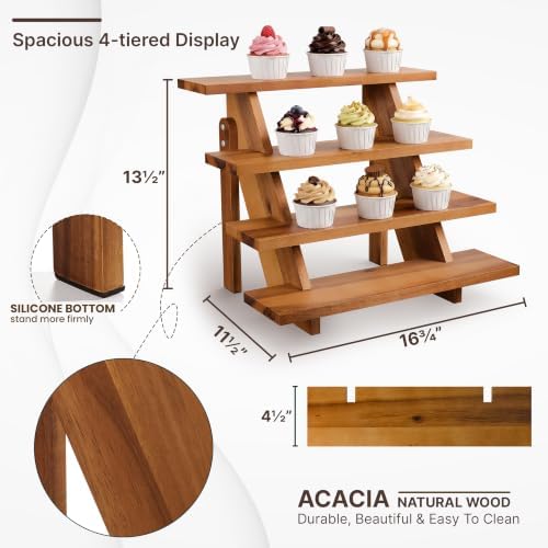 Wooden 4-Tier Cupcake Display Stand, Easy Assembly, Non-Skid Pads in Acacia brown, alternate view 3
