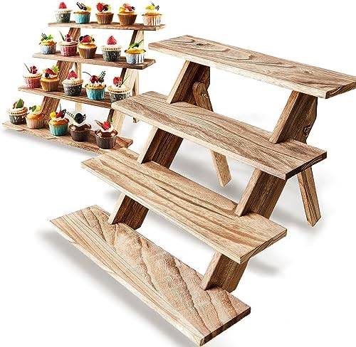 Wooden 4 Tier Cupcake Stand - Rustic Wood Display Stand in Wood color