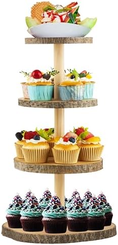 Wooden 4-Tier Rustic Cupcake Stand for Wedding Cakes, Tiered Dessert Tower Display Centerpiece for Parties
