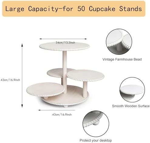 Wooden 4 Tiered Cupcake Stand Rustic Beaded Tower for 50 Cupcakes Party in White, alternate view 2