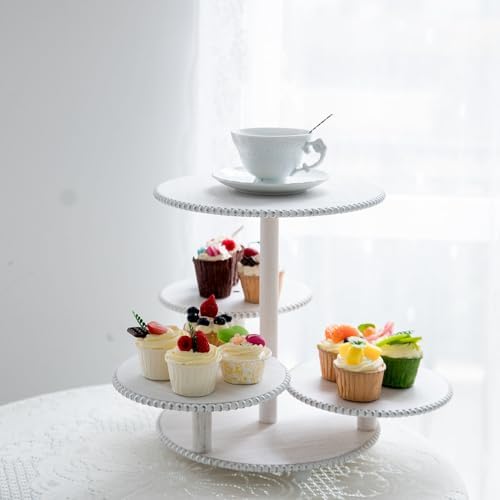 Wooden 4 Tiered Cupcake Stand Rustic Beaded Tower for 50 Cupcakes Party in White, alternate view 7