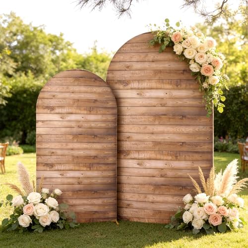 Wooden Arch Backdrop Cover Set of 2, 7.2ft and 6ft Vintage Wood Texture Stretchy Spandex Fitted Wedding Arch