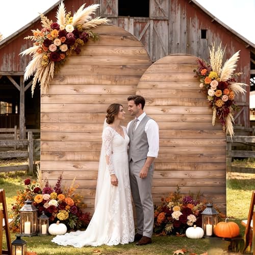 Wooden Arch Backdrop Cover Set of 2, 7.2ft and 6ft Vintage Wood Texture Stretchy Spandex Fitted Wedding Arch, alternate view