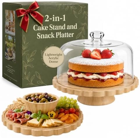 Wooden Cake Plate & Serving Platter with Clear Acrylic Dome Lid in Natural Bamboo