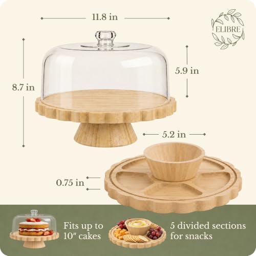 Wooden Cake Plate & Serving Platter with Clear Acrylic Dome Lid in Natural Bamboo, alternate view 3