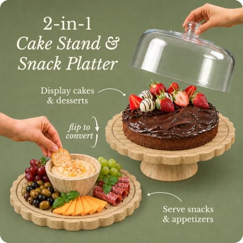 Wooden Cake Plate & Serving Platter with Clear Acrylic Dome Lid in Natural Bamboo, alternate view 4
