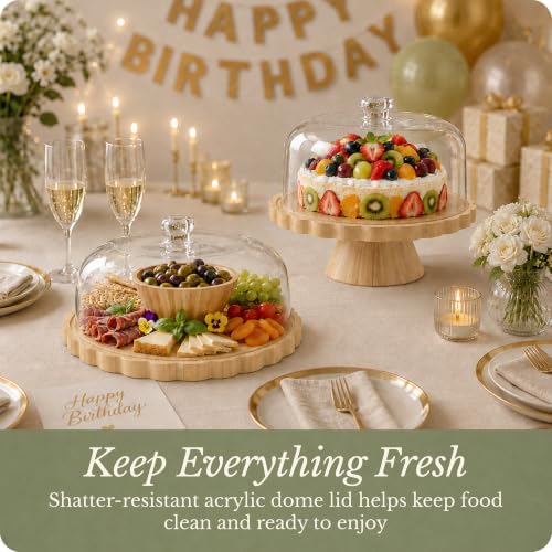 Wooden Cake Plate & Serving Platter with Clear Acrylic Dome Lid in Natural Bamboo, alternate view 7