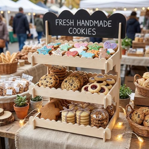 Wooden Cookie Display Stand with Chalkboard for Bakers & Vendors in Natural, alternate view 4