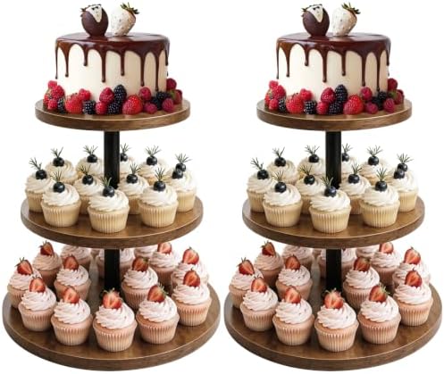Wooden Cupcake Stand 2 Pack, Large Cupcake Tower Stand for 50 Cupcakes, 3 Tiered Wooden Serving Trays Stand