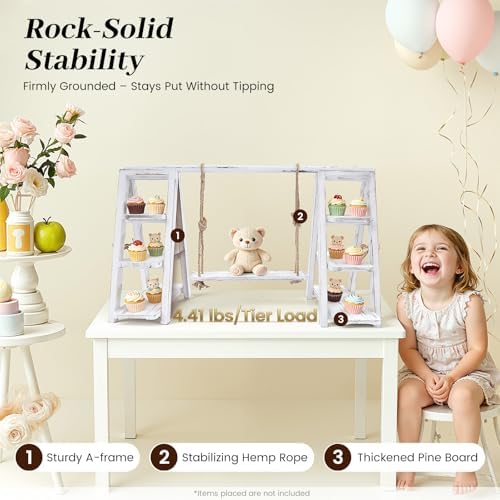 Wooden Cupcake Stand, 3 Tier Dessert Serving Tray Ladder Stand Rack Table Foldable Wood Food Display Set with, alternate view