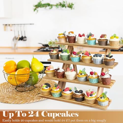 Wooden Cupcake Stand 4 Tier Cupcake Stand Rustic Wood Cake Stand for 24 Cupcakes Wedding Cupcake Display in Wood, alternate