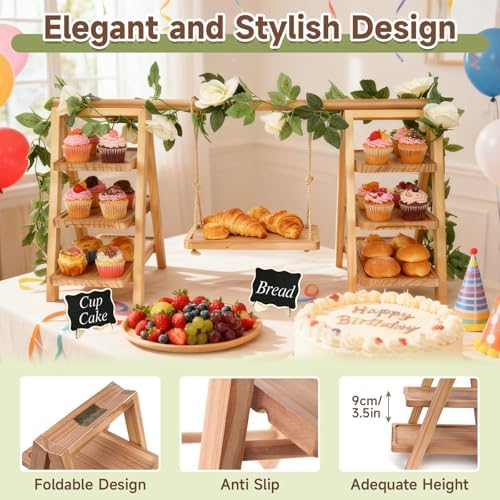 Wooden Cupcake Stand, Foldable 3 Tier Cupcake Display Stand, Walnut Brown in Walnut Brown, alternate view 4