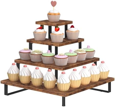 Wooden Cupcake Stand, Tiered Cupcake Display Tower Stand in Rustic Brown