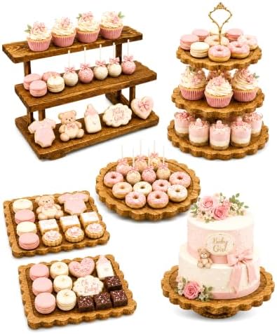 Wooden Dessert Table Display Set, 6-Piece Cake and Cupcake Stand Combo in Wood