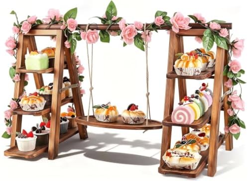 Wooden Dessert Table Display Set with Flower Decor and Swing in Natural Wood