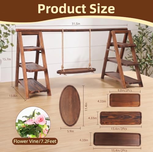 Wooden Dessert Table Display Set with Flower Decor and Swing in Natural Wood, alternate view 3