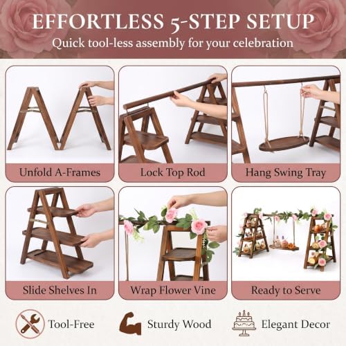 Wooden Dessert Table Display Set with Flower Decor and Swing in Natural Wood, alternate view 5