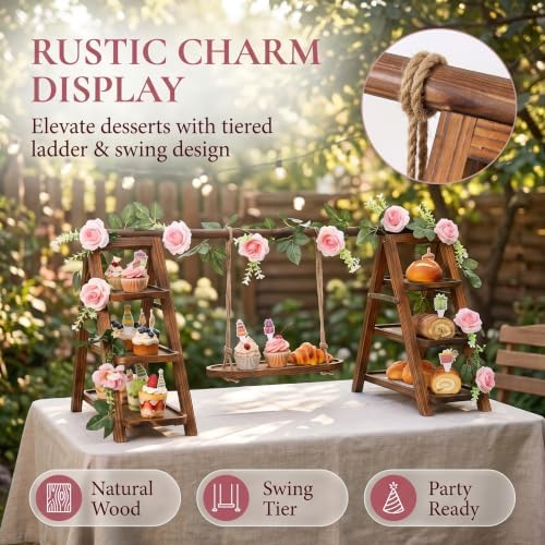 Wooden Dessert Table Display Set with Flower Decor and Swing in Natural Wood, alternate view 6