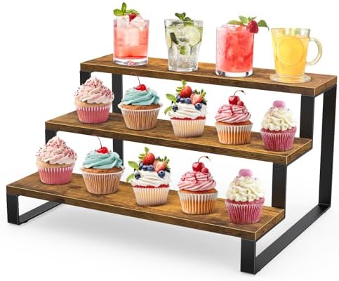 Wooden Display Riser Stand, 3 Tier Display Shelf for Table in Brown