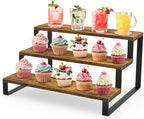 Wooden Display Riser Stand, 3 Tier Display Shelf for Table in Brown