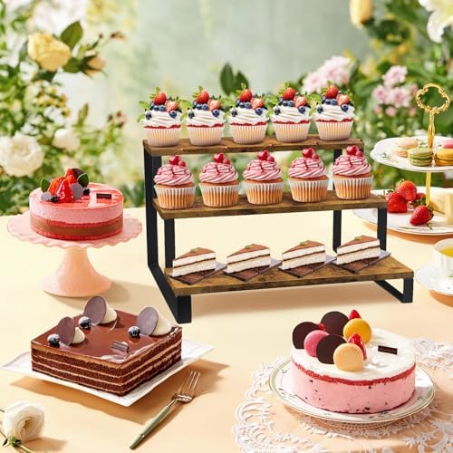 Wooden Display Riser Stand, 3 Tier Display Shelf for Table in Brown, alternate view 6