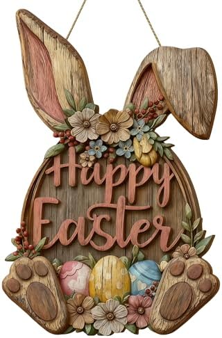 Wooden Easter Bunny Door Wreath, Happy Easter Wall Sign with Flowers and Eggs, Rustic Spring Decoration for