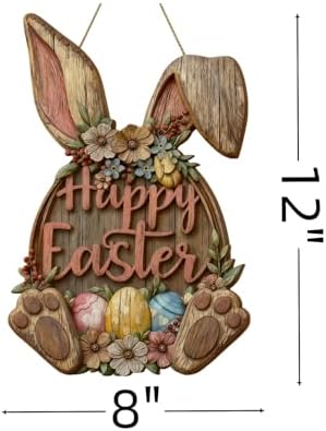 Wooden Easter Bunny Door Wreath, Happy Easter Wall Sign with Flowers and Eggs, Rustic Spring Decoration for, alternate view 2