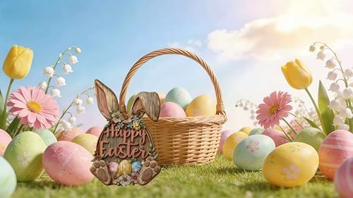 Wooden Easter Bunny Door Wreath, Happy Easter Wall Sign with Flowers and Eggs, Rustic Spring Decoration for, alternate view 3
