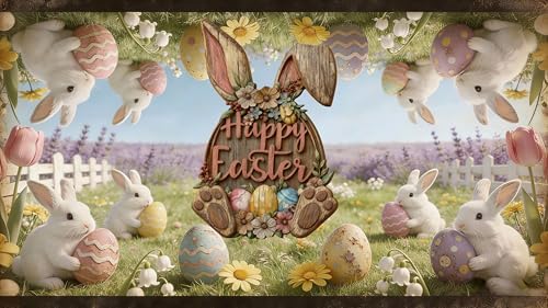 Wooden Easter Bunny Door Wreath, Happy Easter Wall Sign with Flowers and Eggs, Rustic Spring Decoration for, alternate view 4