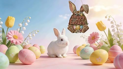 Wooden Easter Bunny Door Wreath, Happy Easter Wall Sign with Flowers and Eggs, Rustic Spring Decoration for, alternate view 5