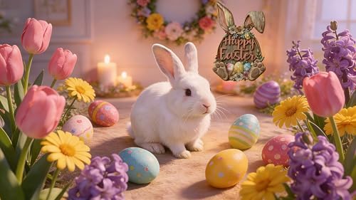 Wooden Easter Bunny Door Wreath, Happy Easter Wall Sign with Flowers and Eggs, Rustic Spring Decoration for, alternate view 6