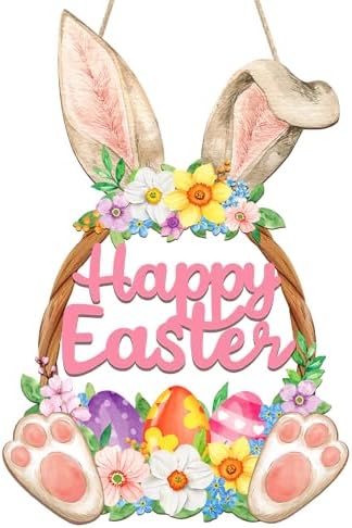 Wooden Easter Decoration Door Wreath for Front Door Sign Wall Signs Rabbit Spring Decoration, Hollow Bunny Sign