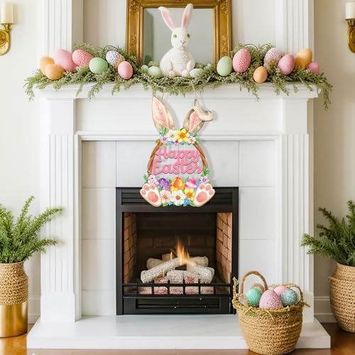 Wooden Easter Decoration Door Wreath for Front Door Sign Wall Signs Rabbit Spring Decoration, Hollow Bunny Sign, alternate