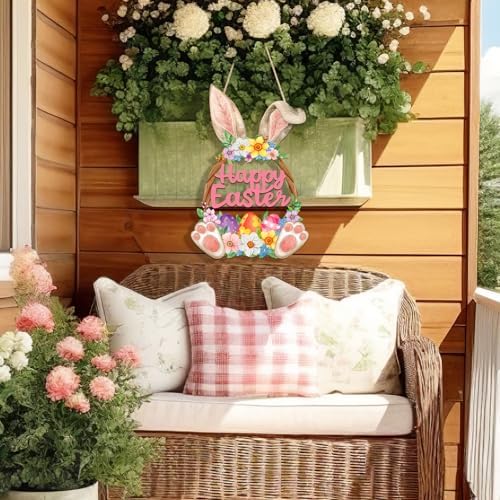 Wooden Easter Decoration Door Wreath for Front Door Sign Wall Signs Rabbit Spring Decoration, Hollow Bunny Sign, alternate