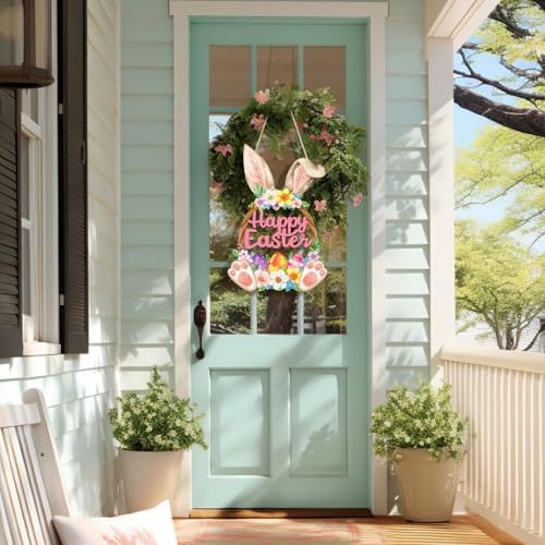Wooden Easter Decoration Door Wreath for Front Door Sign Wall Signs Rabbit Spring Decoration, Hollow Bunny Sign, alternate