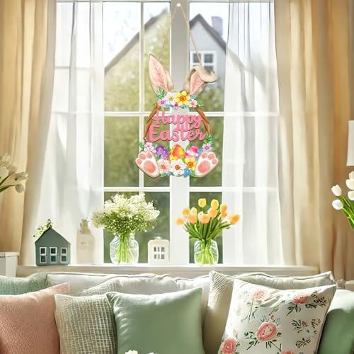 Wooden Easter Decoration Door Wreath for Front Door Sign Wall Signs Rabbit Spring Decoration, Hollow Bunny Sign, alternate