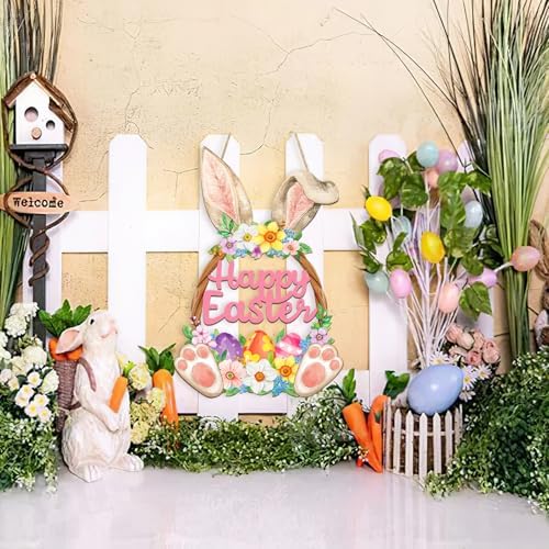 Wooden Easter Decoration Door Wreath for Front Door Sign Wall Signs Rabbit Spring Decoration, Hollow Bunny Sign, alternate