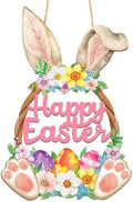 Wooden Easter Decorations Door Wreath, Bunny Wreath Welcome Sign for Front Door, Spring Decoration with Hollow