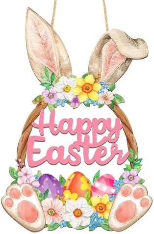 Wooden Easter Decorations Door Wreath, Bunny Wreath Welcome Sign for Front Door, Spring Decoration with Hollow