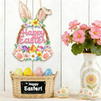 Wooden Easter Decorations Door Wreath, Bunny Wreath Welcome Sign for Front Door, Spring Decoration with Hollow, alternate