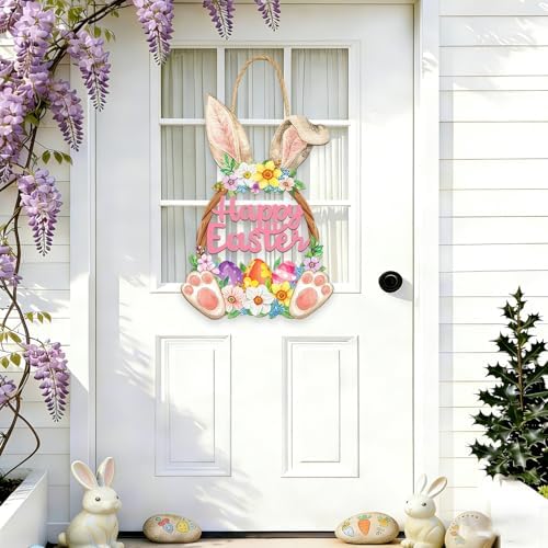 Wooden Easter Decorations Door Wreath, Bunny Wreath Welcome Sign for Front Door, Spring Decoration with Hollow, alternate