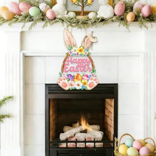 Wooden Easter Decorations Door Wreath, Bunny Wreath Welcome Sign for Front Door, Spring Decoration with Hollow, alternate