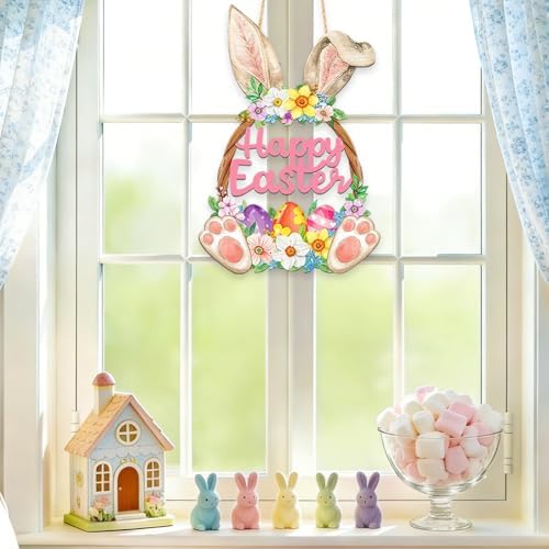 Wooden Easter Decorations Door Wreath, Bunny Wreath Welcome Sign for Front Door, Spring Decoration with Hollow, alternate