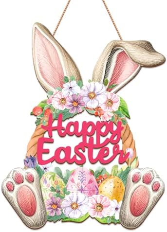Wooden Easter Wreath for Front Door - Rustic Hollow Bunny Door Sign Farmhouse Easter Decorations for Home Wall