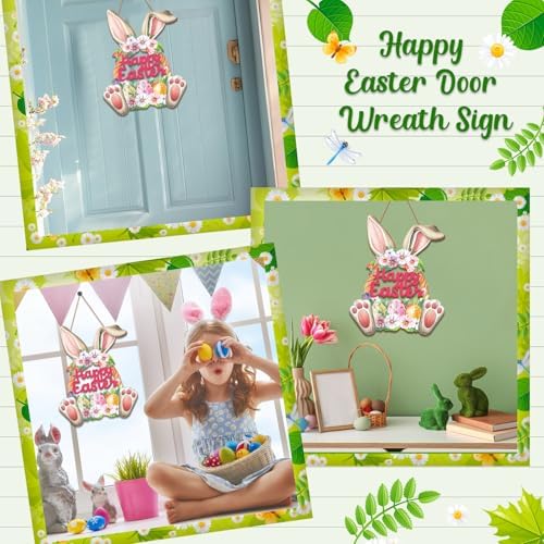 Wooden Easter Wreath for Front Door - Rustic Hollow Bunny Door Sign Farmhouse Easter Decorations for Home Wall, alternate