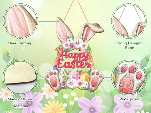 Wooden Easter Wreath for Front Door - Rustic Hollow Bunny Door Sign Farmhouse Easter Decorations for Home Wall, alternate