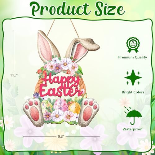 Wooden Easter Wreath for Front Door - Rustic Hollow Bunny Door Sign Farmhouse Easter Decorations for Home Wall, alternate